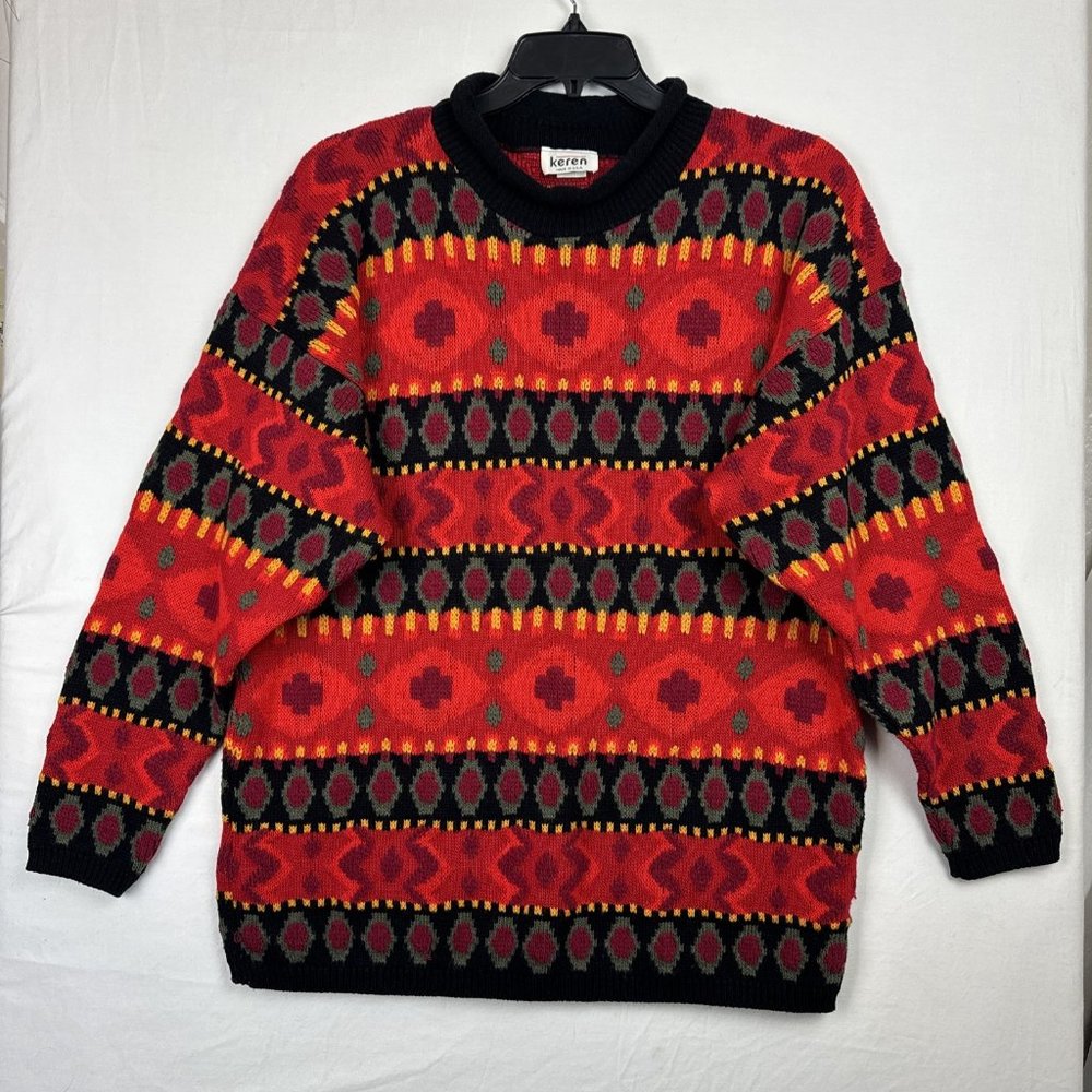Vtg Keren Women's Large Sweater red green yellow black geometric USA Made